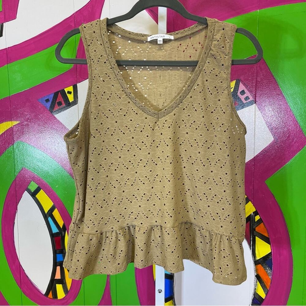 Antistar, Tan Eyelet Peplum Tank Top. Size Large. In excellent condition!